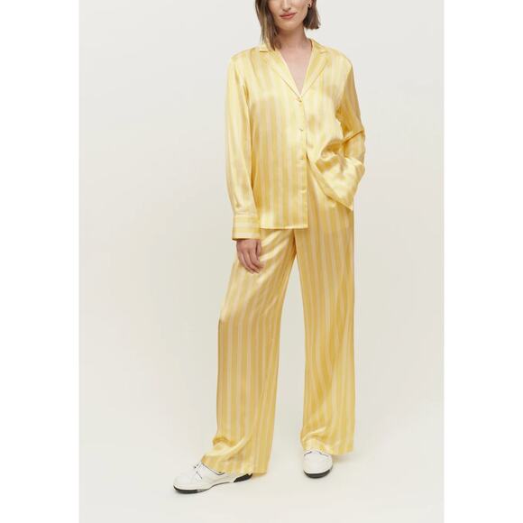 Reformation Willa Silk Satiny Comfortable Yellow Pants Omero Stripe 12 Flowy - Picture 5 of 10
